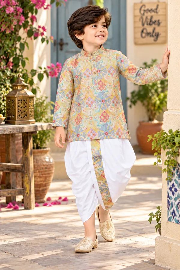 Rudnika_Trends_Boys_Ethnic_Wear_-_Yellow_Printed_Dhoti_Kurta_Pajama_Set