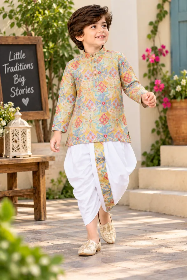 Rudnika_Trends_Boys_Ethnic_Wear_-_Yellow_Printed_Dhoti_Kurta_Pajama_Set