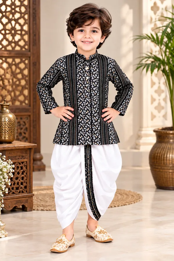 Rudnika_Trends__Boys_Ethnic_wear_-_Black_Designer_Geometric_Print_Kurta_&_Pleated_Dhoti_Set_with_Matching_Border