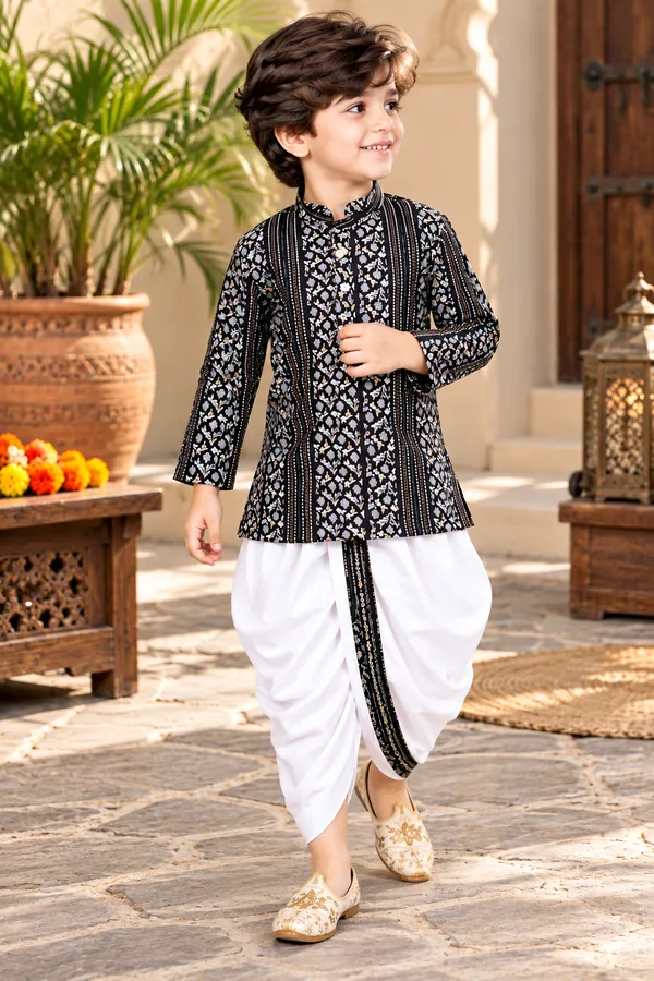 Rudnika_Trends__Boys_Ethnic_wear_-_Black_Designer_Geometric_Print_Kurta_&_Pleated_Dhoti_Set_with_Matching_Border