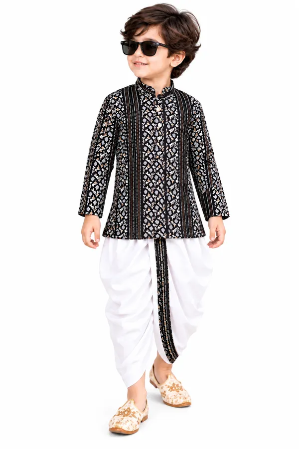 Rudnika_Trends__Boys_Ethnic_wear_-_Black_Designer_Geometric_Print_Kurta_&_Pleated_Dhoti_Set_with_Matching_Border