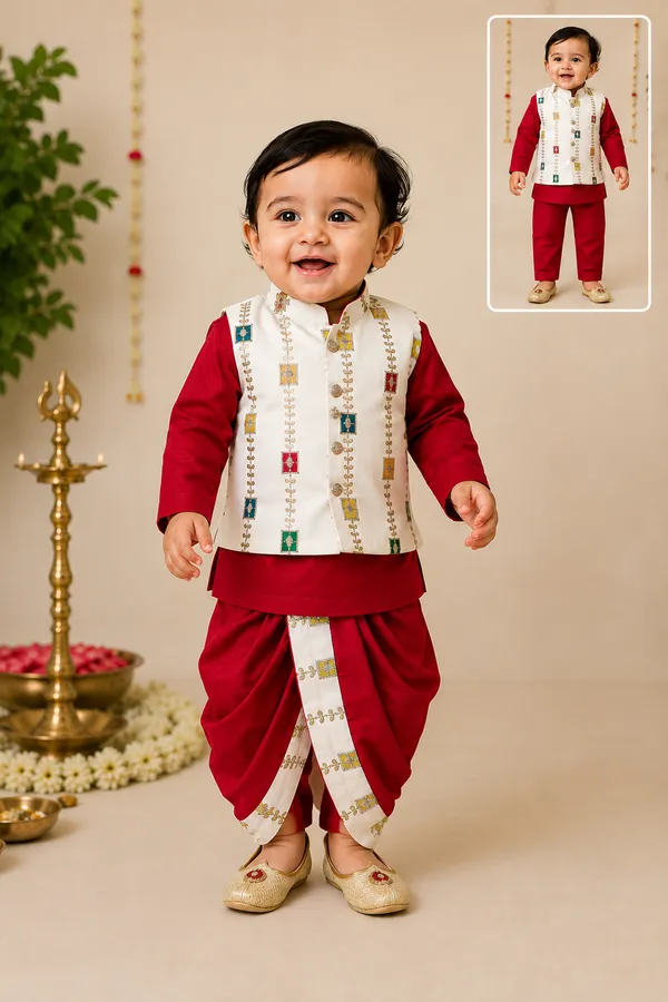 Rudnika_Trends_Kids_Ethnic_Wear_Combo_Set_Red_Kurta_Jacket_with_Dhoti_&_Pant_Set_Festive_Traditional_Outfit_for_Boys