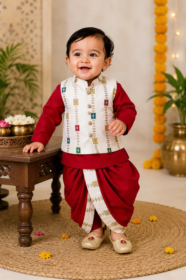 Rudnika_Trends_Kids_Ethnic_Wear_Combo_Set_Red_Kurta_Jacket_with_Dhoti_&_Pant_Set_Festive_Traditional_Outfit_for_Boys