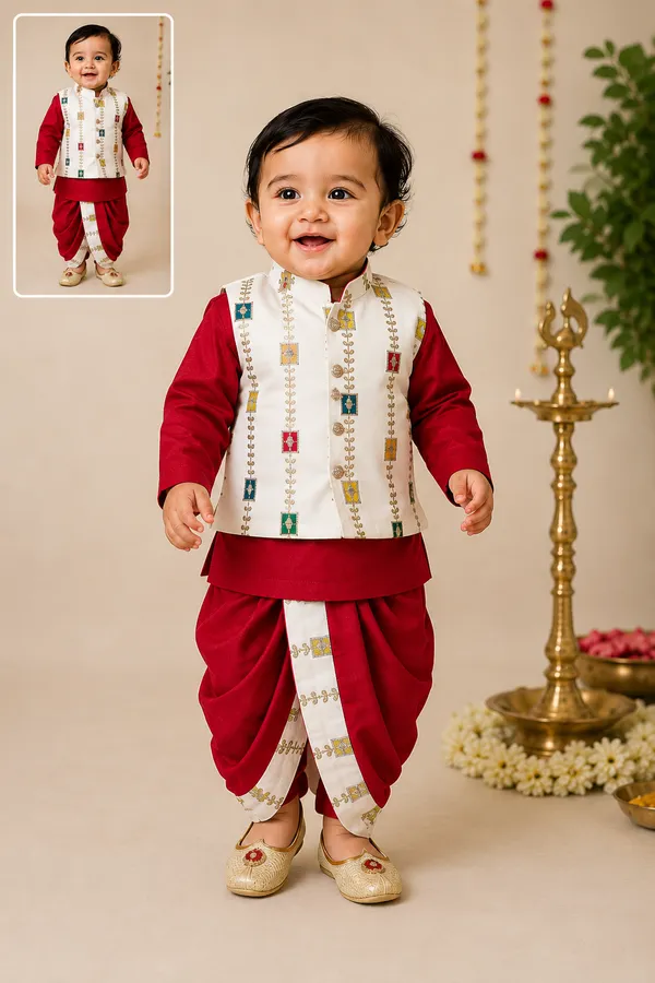 Rudnika_Trends_Kids_Ethnic_Wear_Combo_Set_Red_Kurta_Jacket_with_Dhoti_&_Pant_Set_Festive_Traditional_Outfit_for_Boys