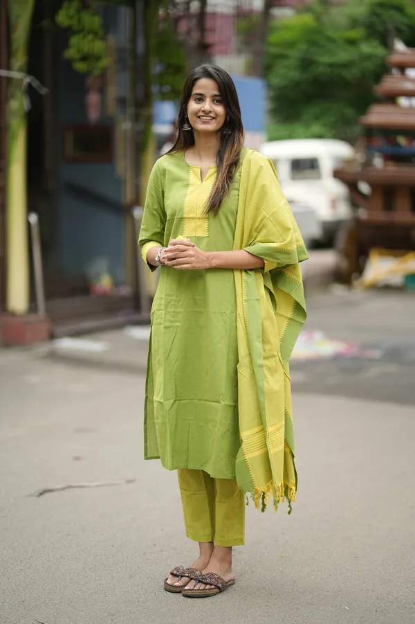 Lime_Green_Handloom_Kurta_Set_For_Women