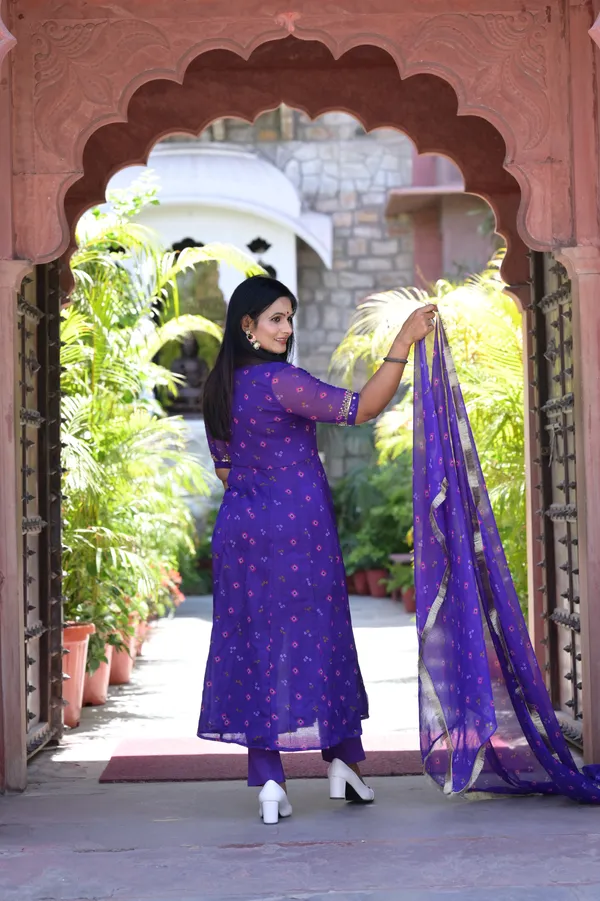 Dark_Purple_Chiffon_Bandhani__Flared_Kurta_Set_For_Women