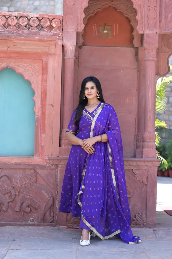 Dark_Purple_Chiffon_Bandhani__Flared_Kurta_Set_For_Women