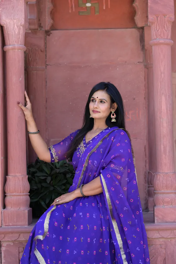 Dark_Purple_Chiffon_Bandhani__Flared_Kurta_Set_For_Women