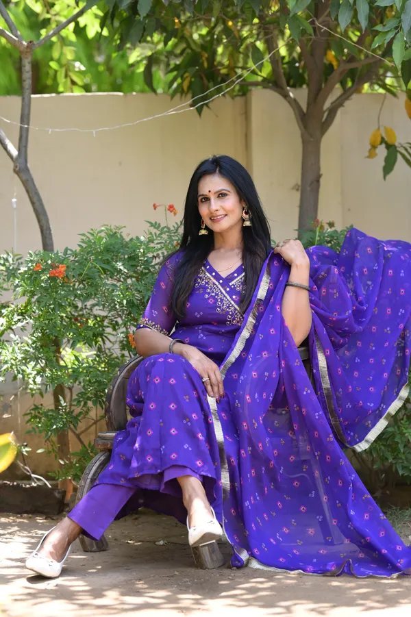 Dark_Purple_Chiffon_Bandhani__Flared_Kurta_Set_For_Women