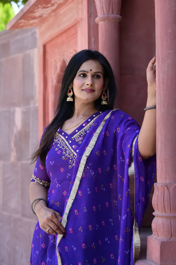 Dark_Purple_Chiffon_Bandhani__Flared_Kurta_Set_For_Women