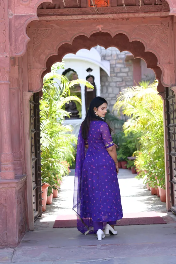 Dark_Purple_Chiffon_Bandhani__Flared_Kurta_Set_For_Women