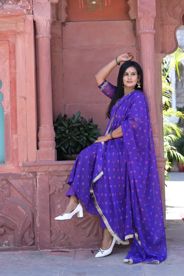 Dark_Purple_Chiffon_Bandhani__Flared_Kurta_Set_For_Women