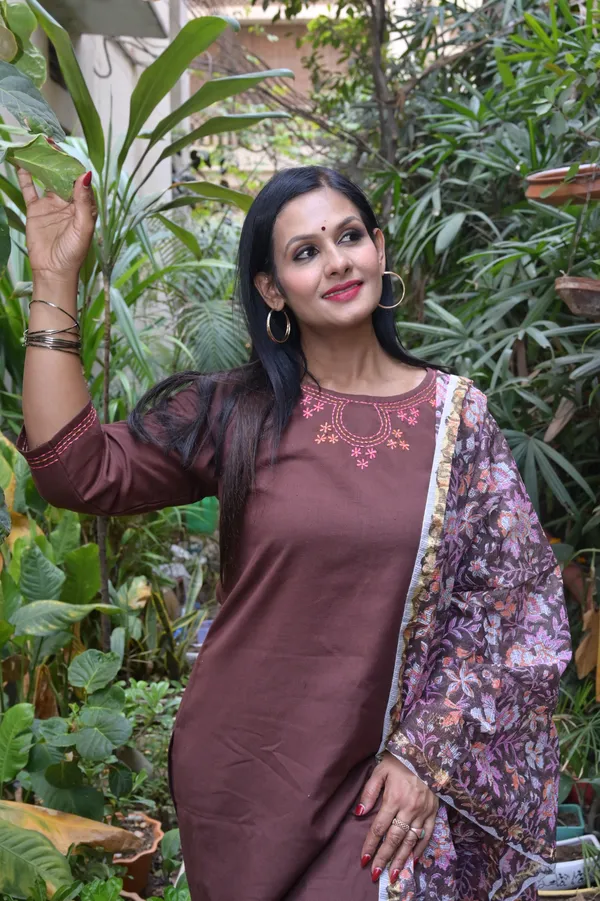 Dark_Brown_Cotton_Premium_And_Fancy_Design_Kurta_Set_For_Women