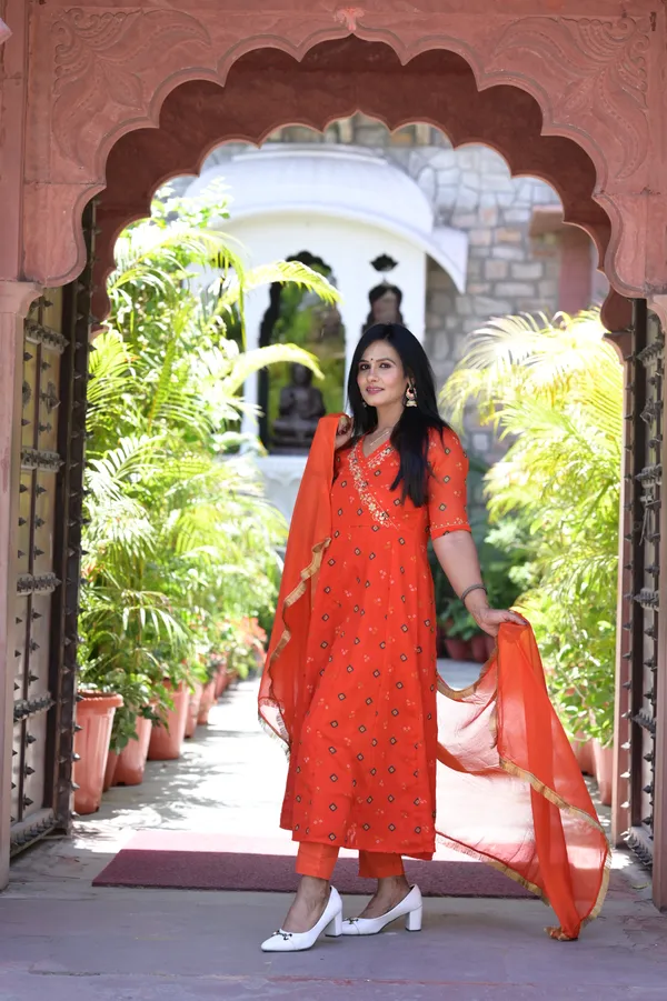 Orange_Chiffon_Bandhej_Kurta_Set_For_Women