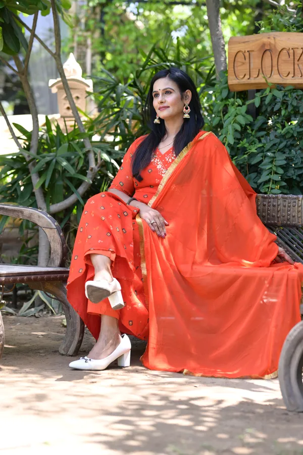 Orange_Chiffon_Bandhej_Kurta_Set_For_Women