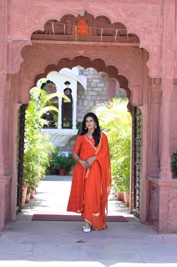 Orange_Chiffon_Bandhej_Kurta_Set_For_Women