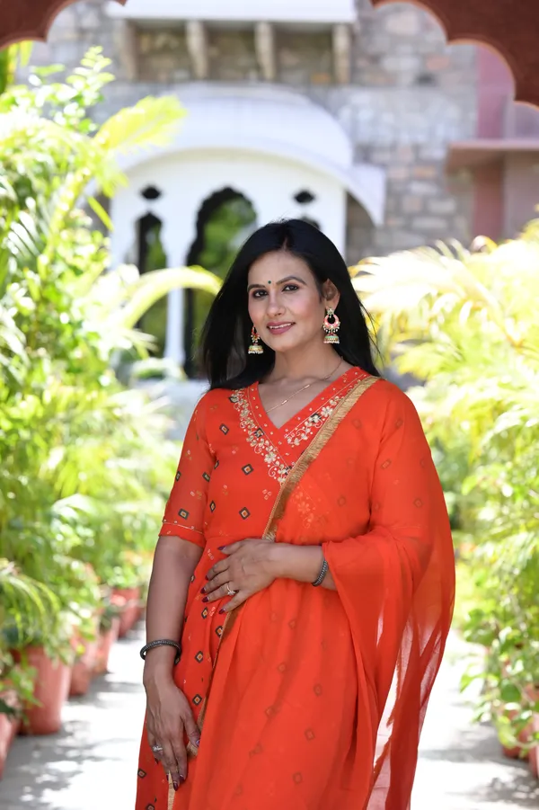 Orange_Chiffon_Bandhej_Kurta_Set_For_Women
