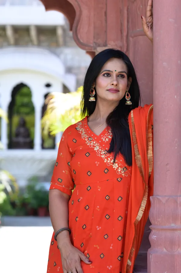 Orange_Chiffon_Bandhej_Kurta_Set_For_Women