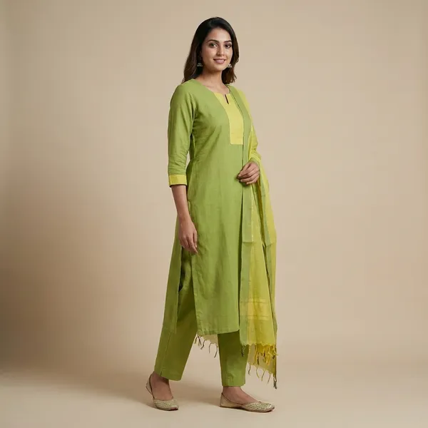 Lime_Green_Handloom_Kurta_Set_For_Women