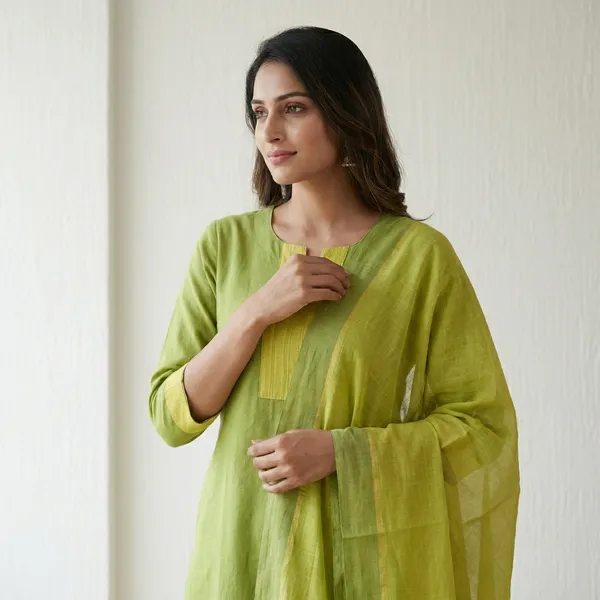 Lime_Green_Handloom_Kurta_Set_For_Women