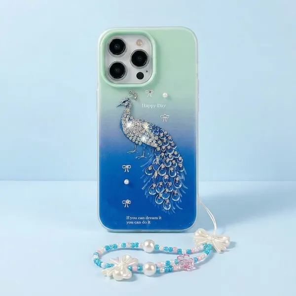 Peacock_Design_Phone_Case_with_Beaded_Wrist_Strap_-_Gradient_Blue_&_Green_Pack_Of_3
