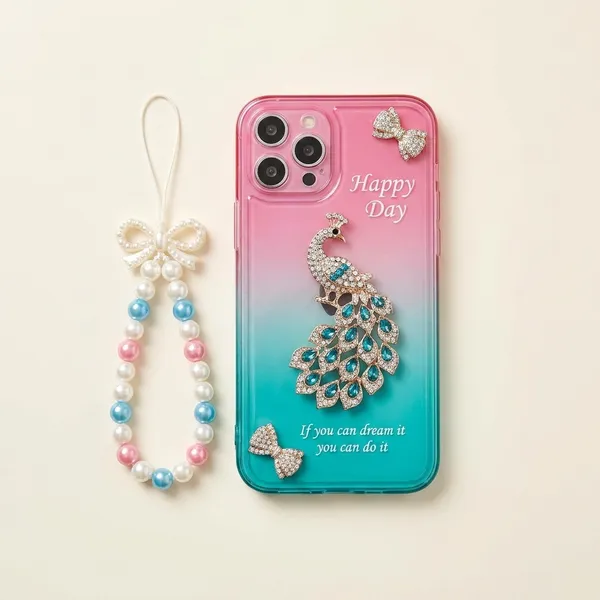 Gradient_Peacock_Design_Phone_Case_with_Beaded_Wrist_Strap_for_iPhone_Pack_Of_3