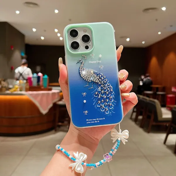 Peacock_Design_Phone_Case_with_Beaded_Wrist_Strap_-_Gradient_Blue_&_Green_Pack_Of_3