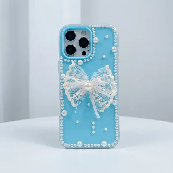 Pearl_Bow_iPhone_Case_-_Blue_&_Transparent_with_Decorative_Lace_Bow_Pack_Of_3