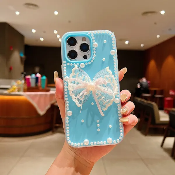 Pearl_Bow_iPhone_Case_-_Blue_&_Transparent_with_Decorative_Lace_Bow_Pack_Of_3