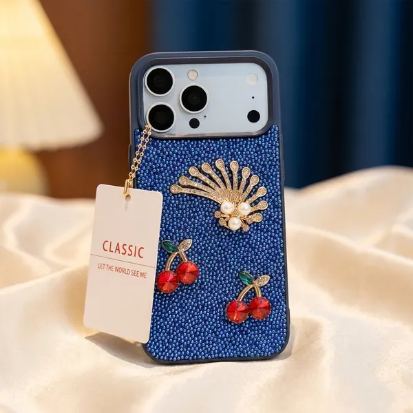 Embellished_Mobile_Phone_Case_with_Shell_and_Cherry_Design_-_Blue_Textured_Finish_Pack_Of_3