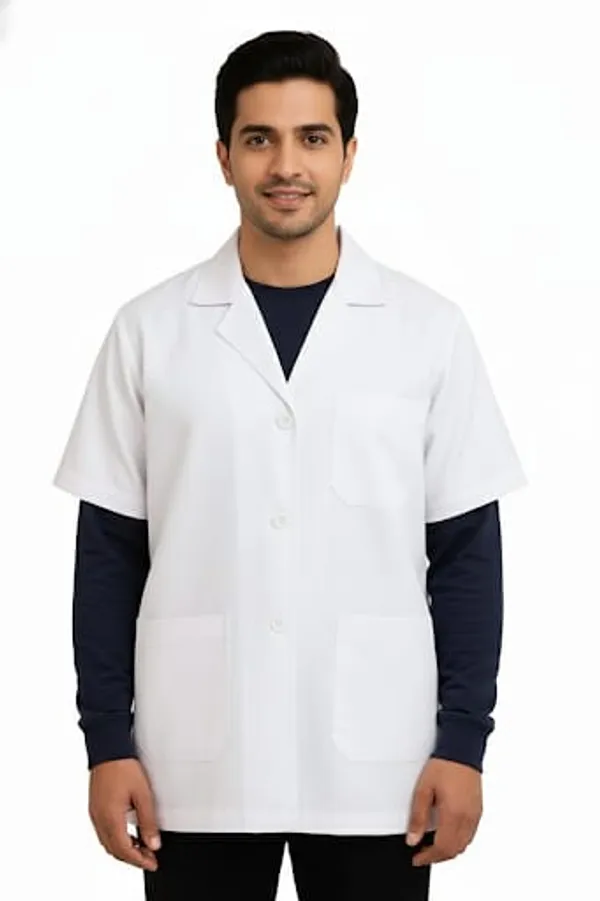 Half_Sleeve_White_Medical_Lab_Coat_For_Men_With_Notched_Collar