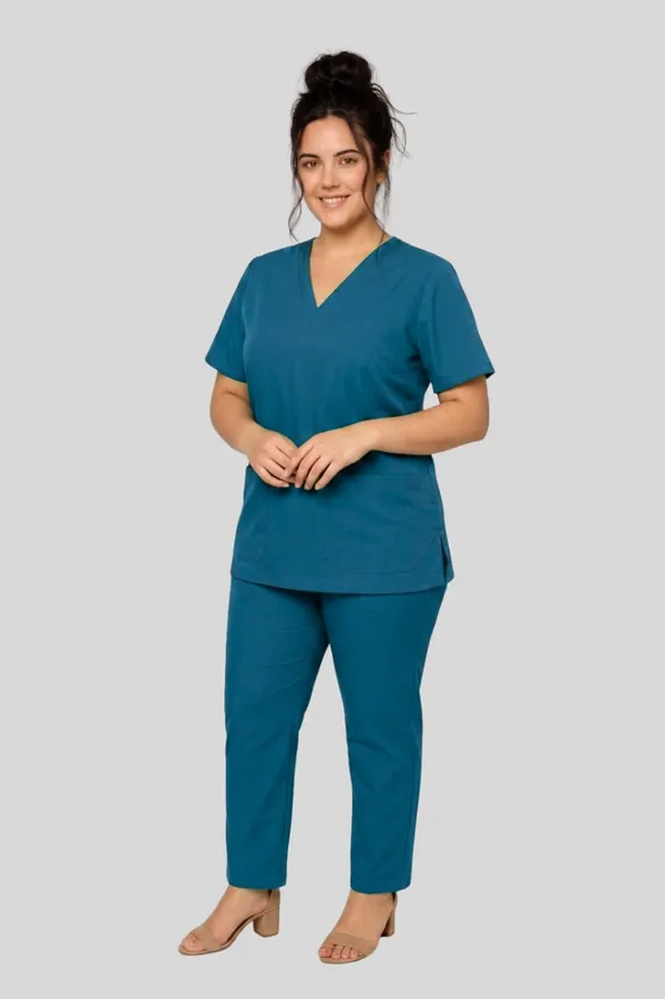 Women_Medical_Scrub_Set_V_Neck_Top_And_Pants_In_Teal_Blue