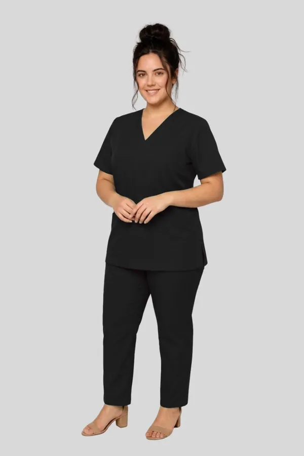 Women_Black_Medical_Scrub_Suit_Set_V_Neck_Top_And_Straight_Pants
