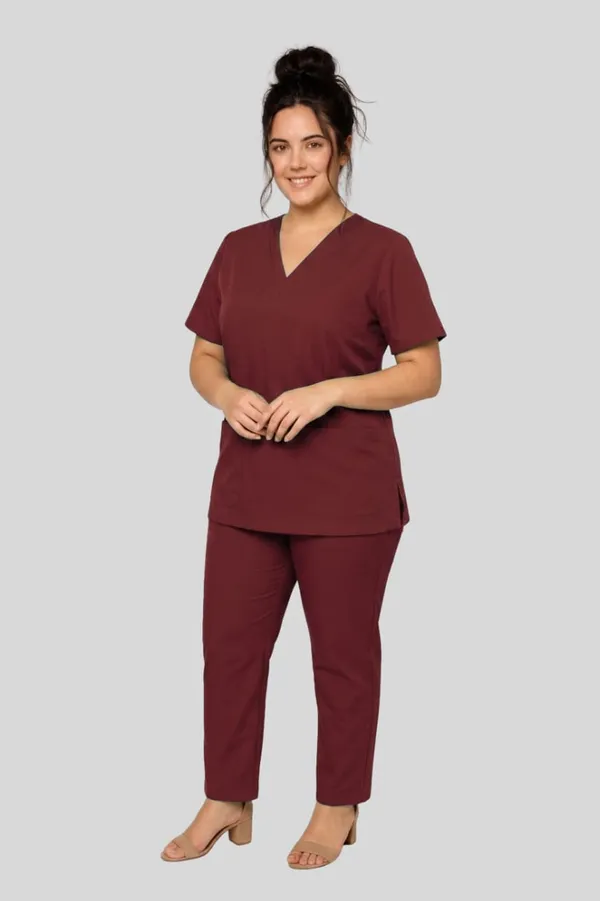Professional_Medical_Scrubs_Set_Maroon_V_Neck_Top_And_Pants_Uniform