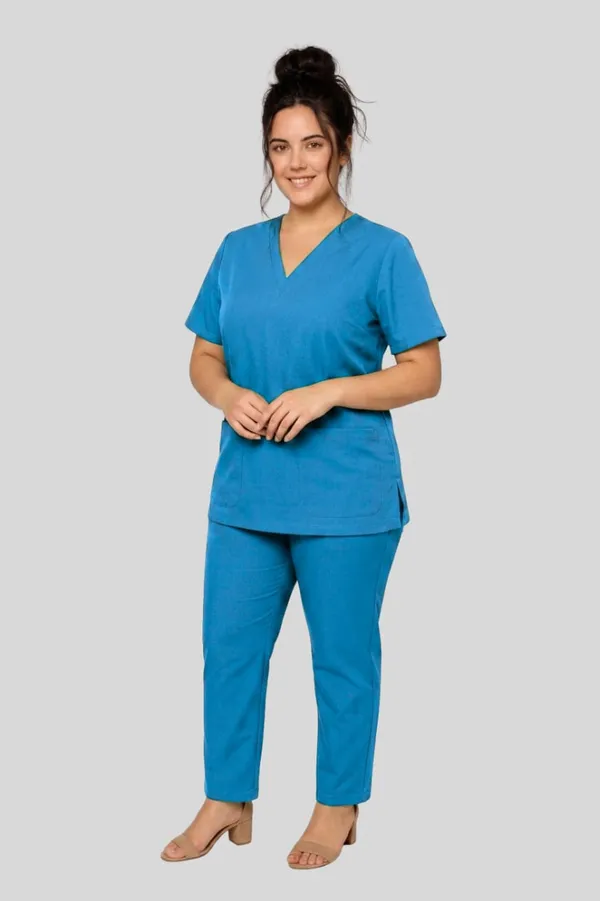 Women_Medical_Scrubs_Set_Blue_V_Neck_Top_And_Pants_Uniform