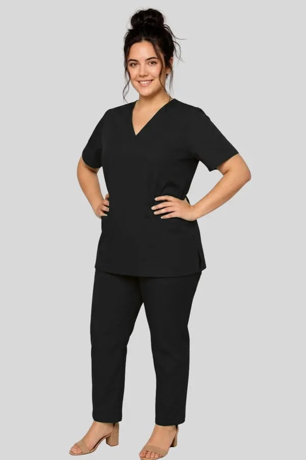 Women_Black_Medical_Scrub_Suit_Set_V_Neck_Top_And_Straight_Pants