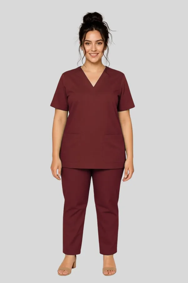 Professional_Medical_Scrubs_Set_Maroon_V_Neck_Top_And_Pants_Uniform