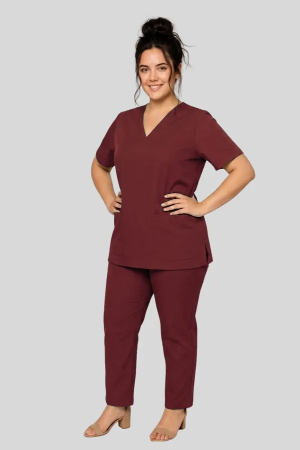 Professional_Medical_Scrubs_Set_Maroon_V_Neck_Top_And_Pants_Uniform