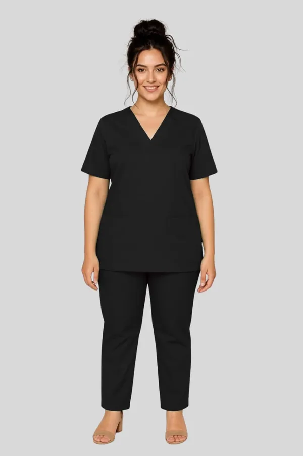 Women_Black_Medical_Scrub_Suit_Set_V_Neck_Top_And_Straight_Pants