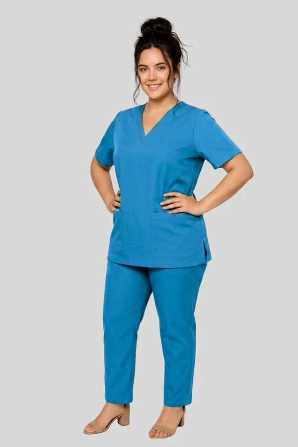 Women_Medical_Scrubs_Set_Blue_V_Neck_Top_And_Pants_Uniform