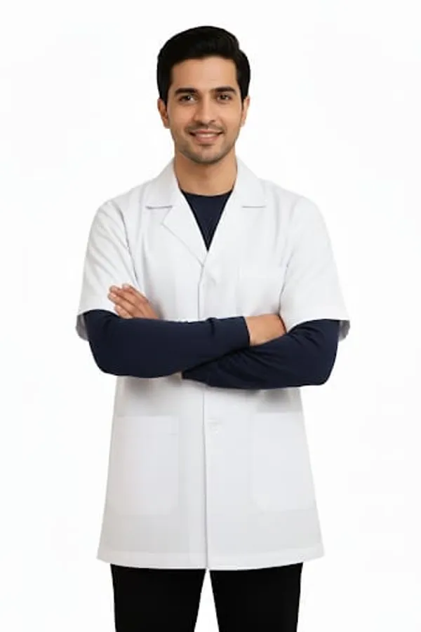 Half_Sleeve_White_Medical_Lab_Coat_For_Men_With_Notched_Collar