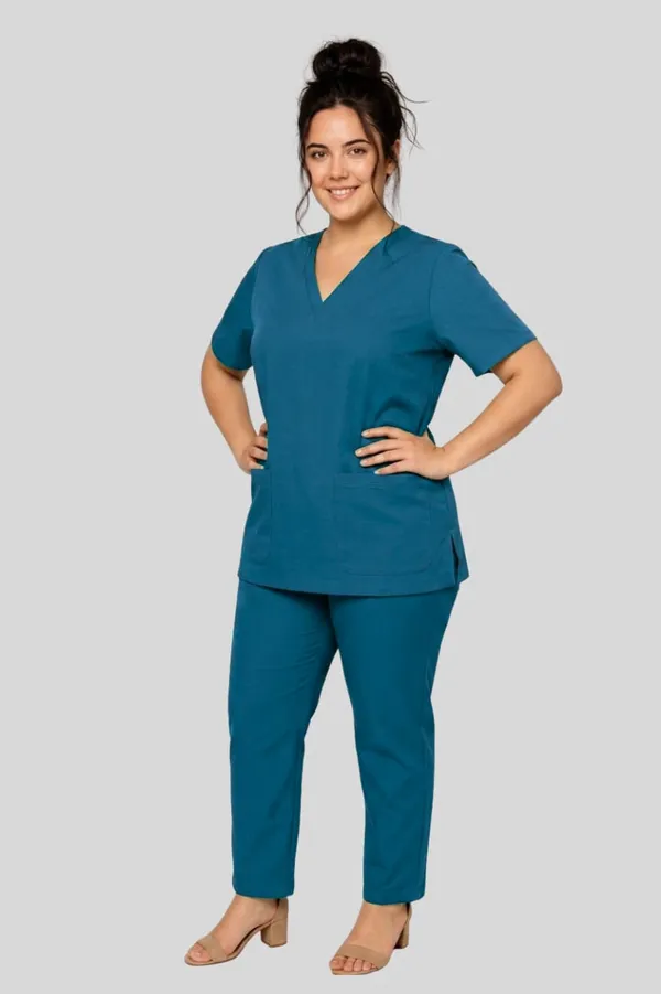 Women_Medical_Scrub_Set_V_Neck_Top_And_Pants_In_Teal_Blue