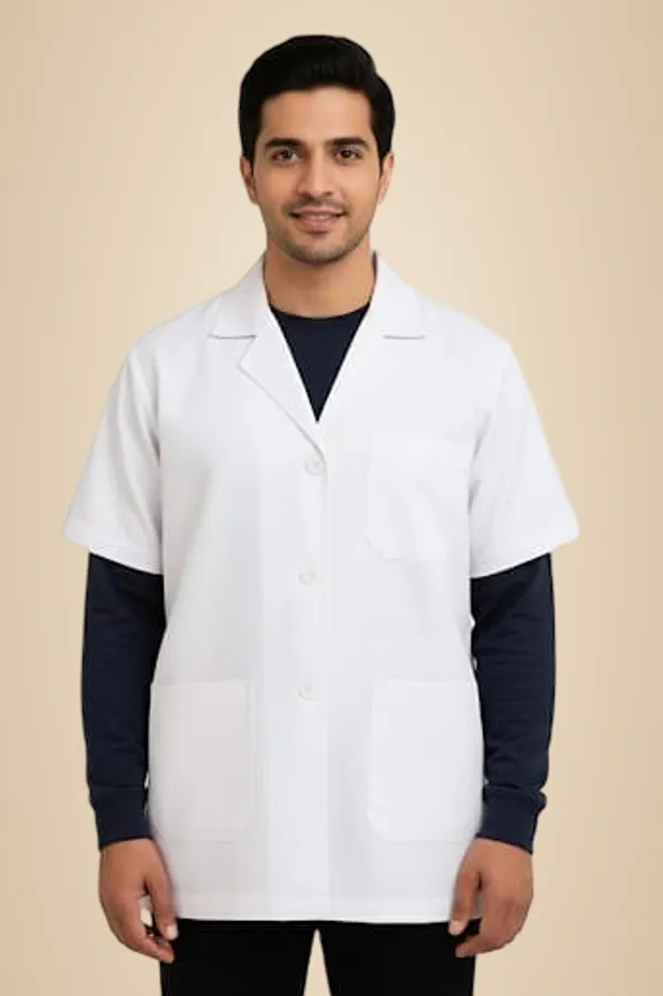Half_Sleeve_White_Medical_Lab_Coat_For_Men_With_Notched_Collar