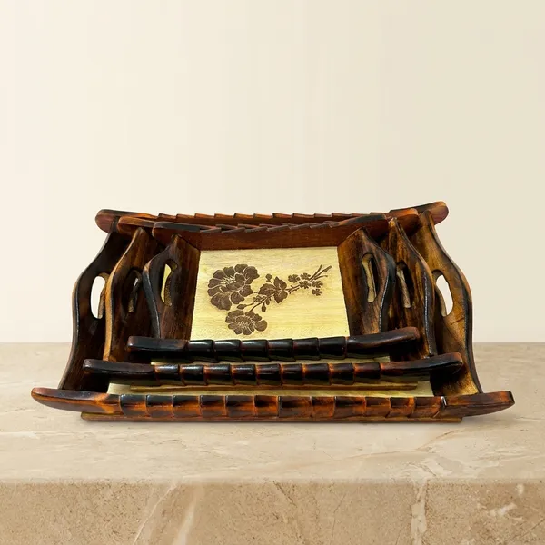 Wooden_Serving_Trays_with_Handles,_Set_of_3,_Brown,_Rustic_Style,_Decorative_Leaf_Design