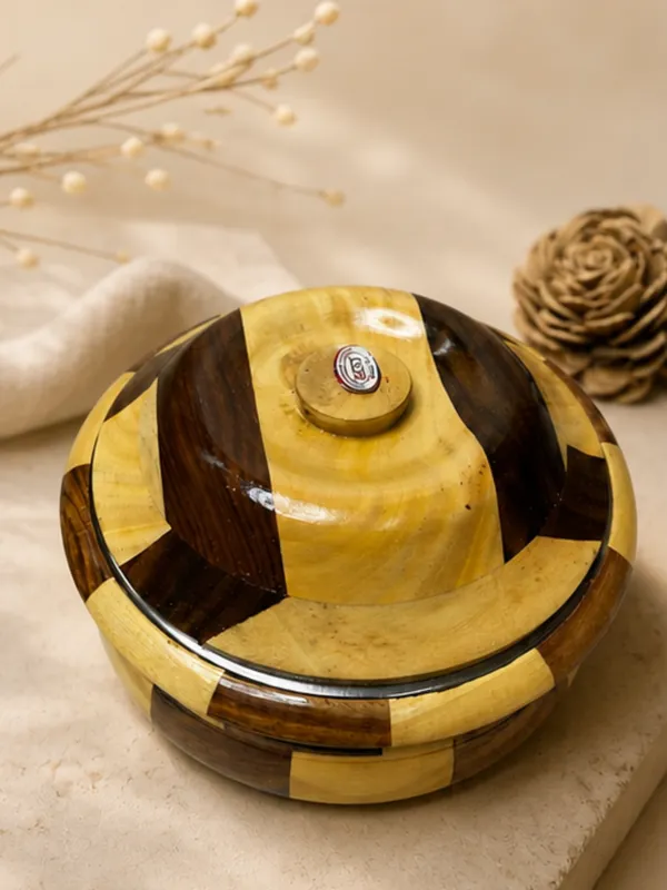 Handcrafted_Wooden_Chapati_Bowl_With_Lid_-_Yellow_And_Brown_Segmented_Design