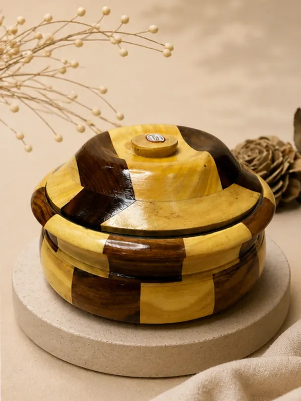 Handcrafted_Wooden_Chapati_Bowl_With_Lid_-_Yellow_And_Brown_Segmented_Design