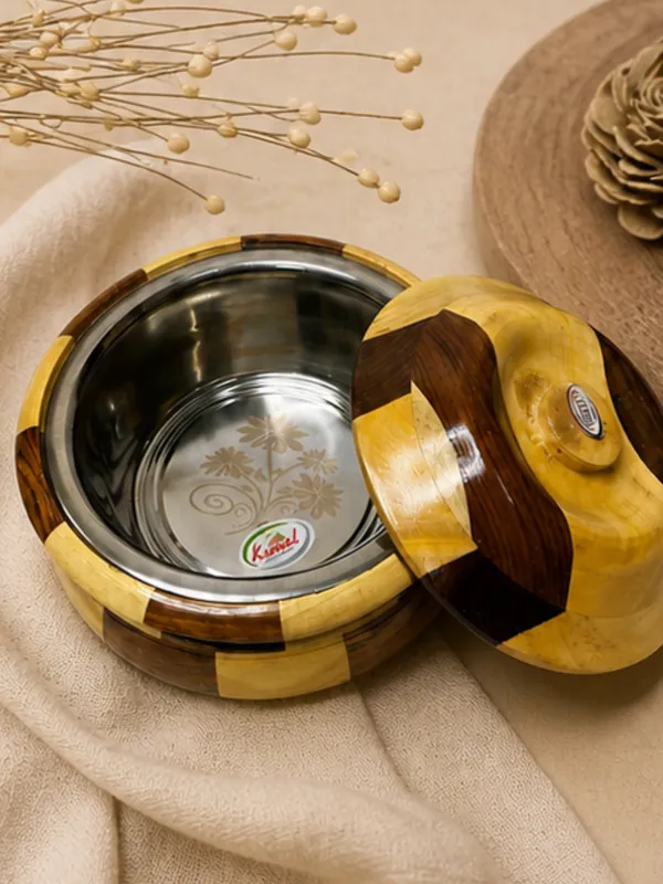 Handcrafted_Wooden_Chapati_Bowl_With_Lid_-_Yellow_And_Brown_Segmented_Design