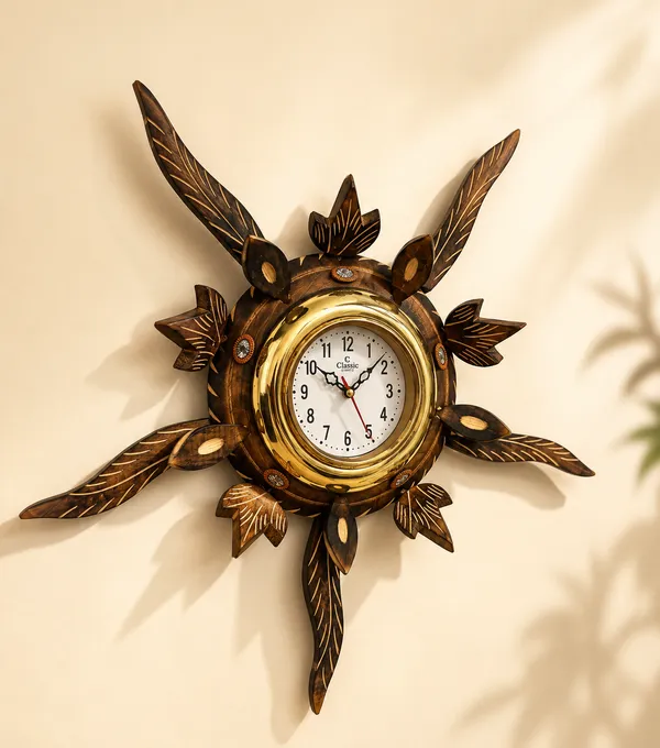 Handmade_Sun_Style_Wooden_Round_Wall_Clock_For_Living_Room_|_Decorative_Sunburst_Clock_With_Brass_Accents