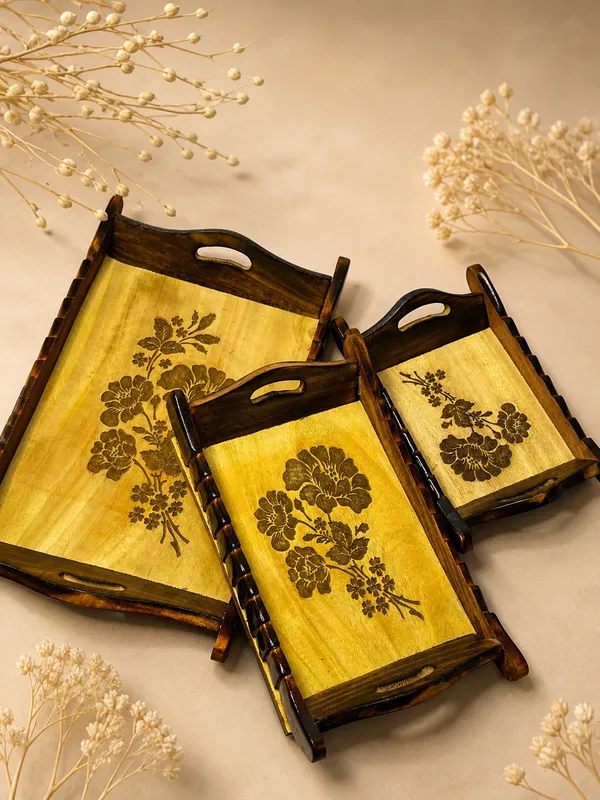 Wooden_Serving_Trays_with_Handles,_Set_of_3,_Brown,_Rustic_Style,_Decorative_Leaf_Design
