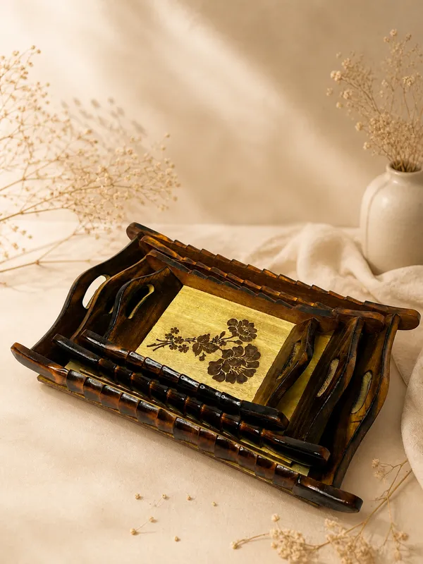 Wooden_Serving_Trays_with_Handles,_Set_of_3,_Brown,_Rustic_Style,_Decorative_Leaf_Design